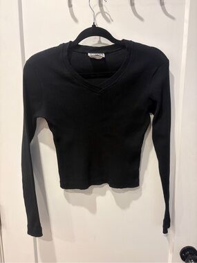 Vintage Black Ribbed V-Neck Long Sleeve Top